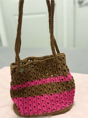 Hand‑Crocheted Brown and Pink Shoulder Bag